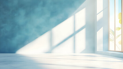 Obraz premium Sunlit empty room with blue wall and large window.