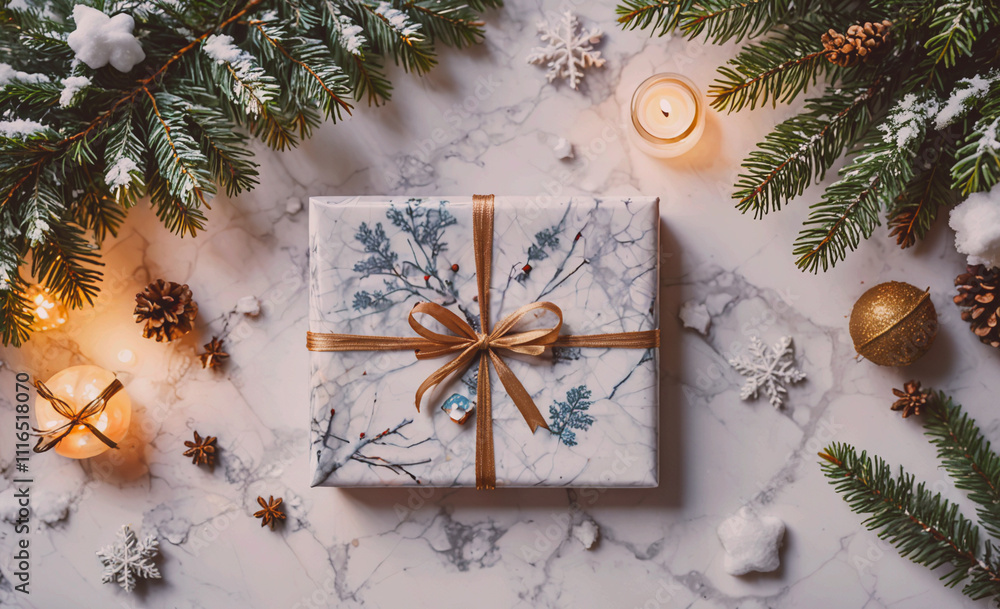 Poster white box with a gold ribbon and a blue bow on top of a marble counter. the box is decorated with pi