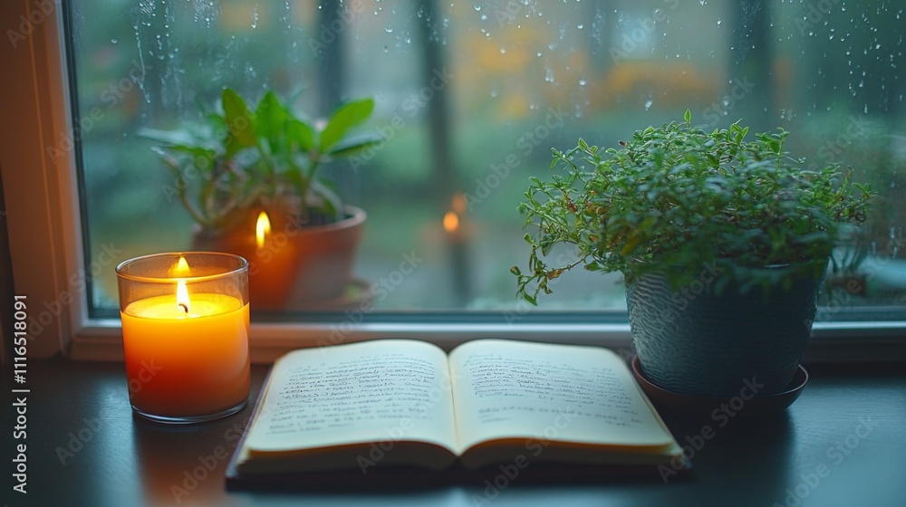 Poster a serene reading nook by a window, featuring an open book alongside a lit candle and green plants, c