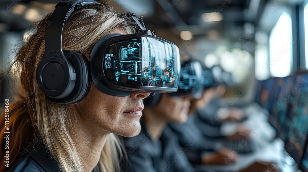 Poster group of architects collaborating using virtual reality technology in a modern office