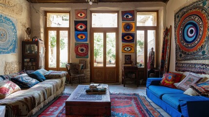 Cozy Living Room with Colorful Textiles and Art