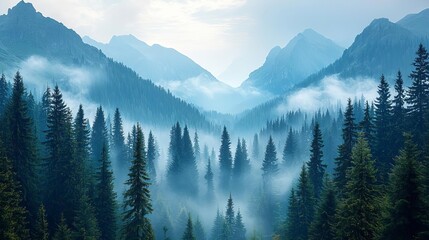 Obraz premium Serene Misty Mountain Forest Landscape Nature Photography