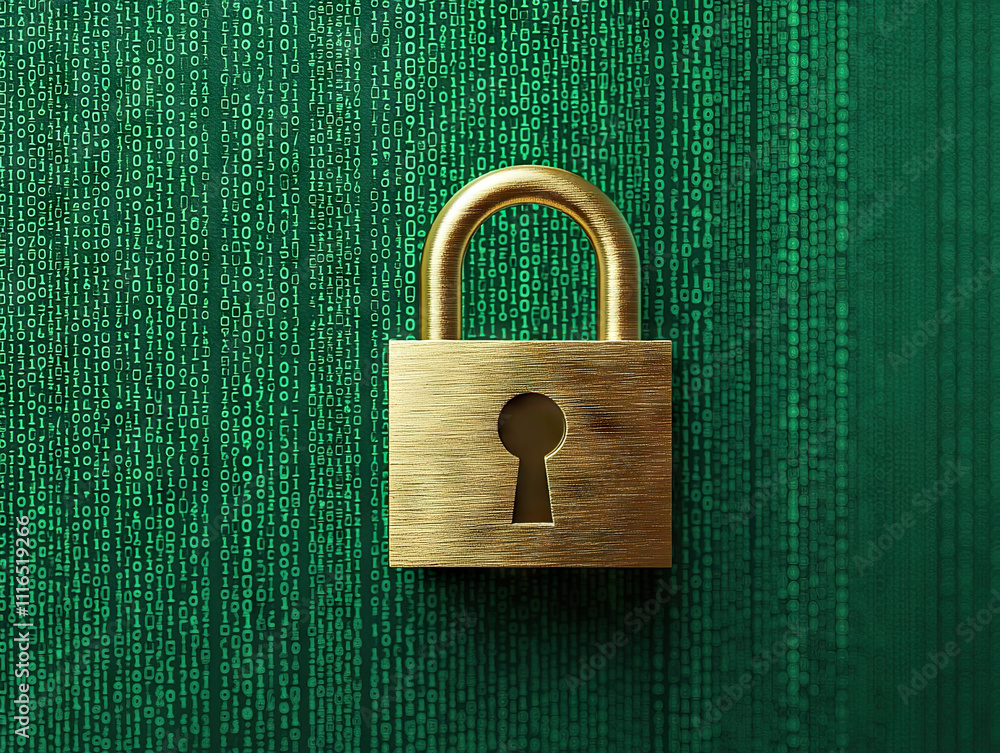 Poster golden padlock over green digital binary code background symbolizes cybersecurity, data protection, 