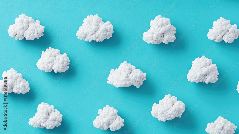 Poster white fluffy clouds arranged on vibrant blue background, creating playful and surreal pattern