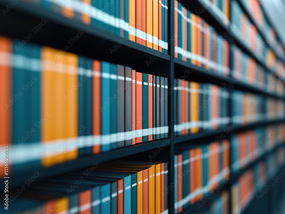 Poster blurred perspective of colorful library bookshelves with rows of books, creating depth and focus on 