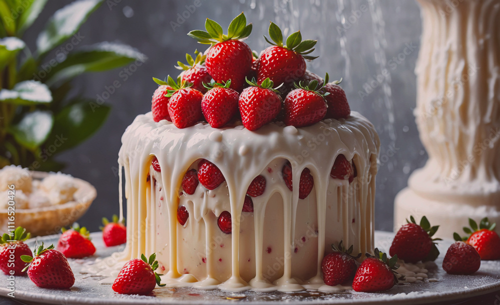 Poster cake with strawberries on top and drizzled with white frosting. the strawberries are scattered all o