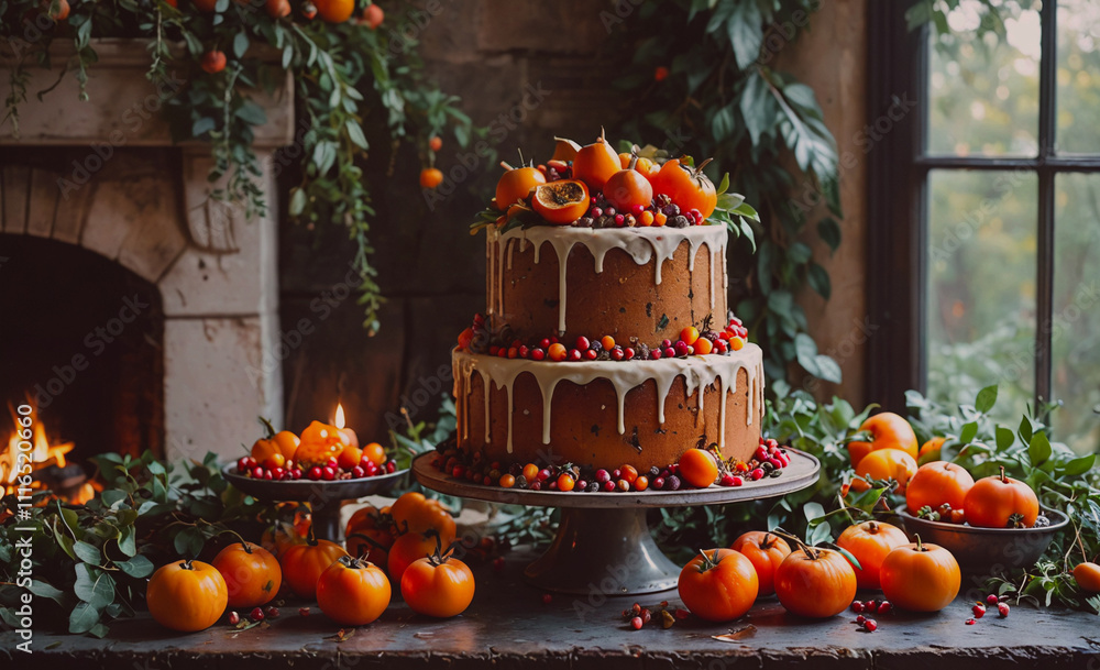 Poster large cake with orange frosting and fruit on top. there are many oranges on the table