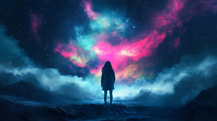 Obraz premium Exploration unveils a vast cosmic landscape where vibrant nebulae illuminate the night sky, inviting wonder and curiosity in the depths of space.