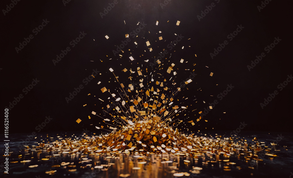 Poster pile of gold coins on a table. the coins are scattered all over the table. some of the coins are shi