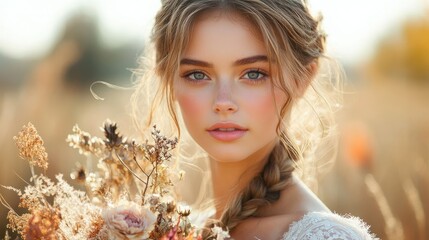 A young woman holds dried flowers in a sunlit field, capturing a serene, natural beauty.