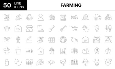 Collection of 50 farming line icons featuring editable strokes. These outline icons depict various modes of farming, tractor, farm, outline, agriculture, farmer, farm 