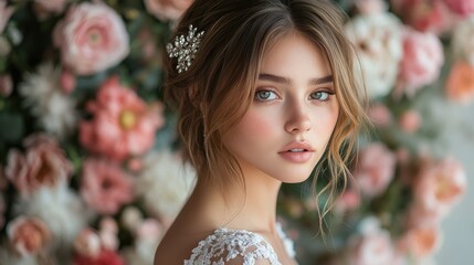 A young woman poses elegantly in front of a floral backdrop, exuding beauty and grace.