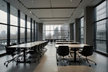 Modern seminar room with minimalist design and serene winter view
