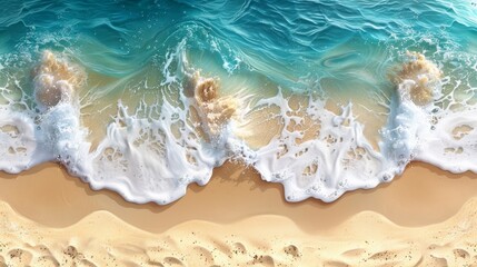 Obraz premium summer background with empty space for text, aerial view of ocean waves meeting the sandy shore, perfect for beach and travel themes.