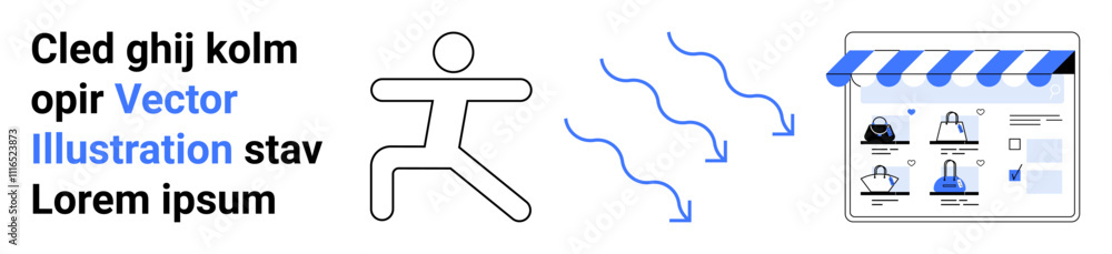 Poster character walking towards a store interface with products, arrows indicating movement, text elements
