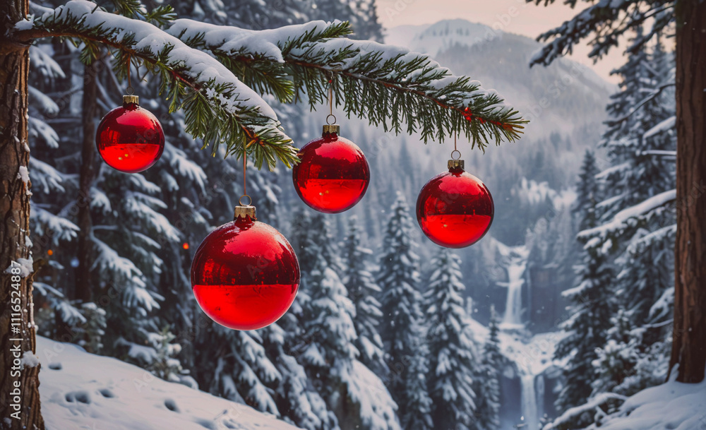 Aufkleber beautiful christmas tree with four red ornaments hanging from its branches. the ornaments are sparkl