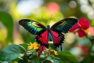 Naklejka premium Vibrant tropical butterfly resting on colorful blooms
