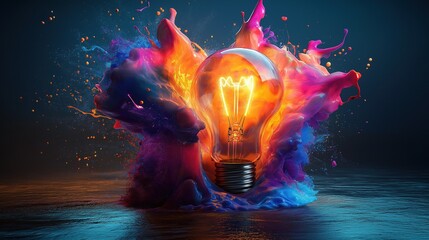 Vibrant light bulb surrounded by exploding colorful paint in a creative splash design
