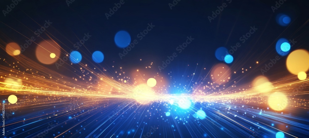Aufkleber abstract blue and orange digital rays of light in a particle cloud background for technology