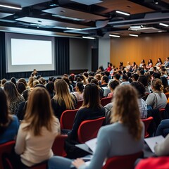 Large audience listening to a presentation in a lecture hall.
