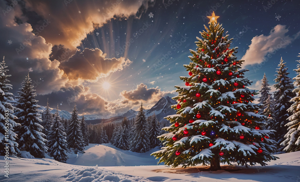 Poster christmas tree with red and blue ornaments is in a snowy field. the sky is cloudy and the sun is shi