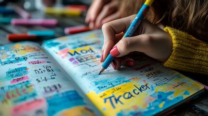 A person is engaged in a journaling session, using vibrant markers to plan their month. The cozy environment enhances the creative atmosphere as notes and drawings fill the pages.