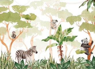 Watercolor wallpaper with tropical leaves banana tree zebra coala panda Kids wallpaper