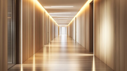 Long, bright hallway with wood walls and floor, illuminated by linear lighting.