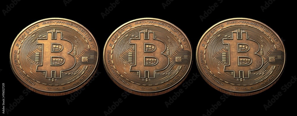Poster 3d rendering of three gold coins with the bitcoin symbol, isolated on a black background, with copy 