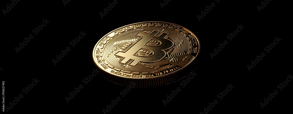 Poster 3d rendering of gold bitcoin coins isolated on a black background with shadow and light effects digi