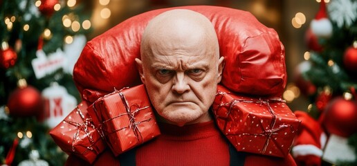 A mischievous Santa Claus holding a stolen bag of Christmas gifts. The concept of a naughty Santa. A humorous depiction of Santa Claus with a bag full of pilfered presents