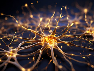 A highly detailed, microscopic view of neurons firing in the brain. The neurons are intricately designed, glowing golden against a dark background with small sparks traveling along their connections