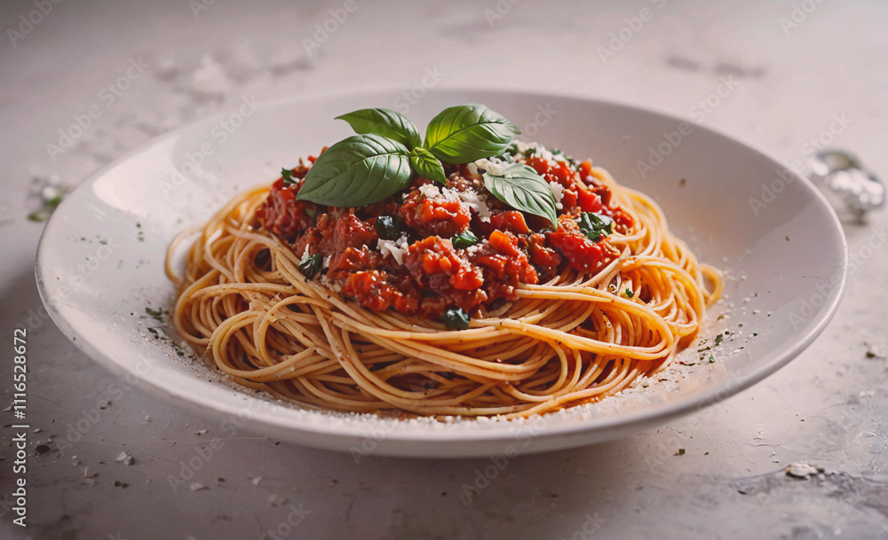 Poster plate of spaghetti with meat sauce and basil. the sauce is red and white