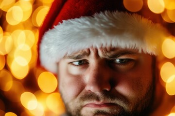 With a backdrop of festive New Year decorations, including garlands and Christmas lights, a man's face is captured in a holiday-themed pose