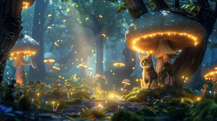 Enchanted Forest: A whimsical cat sits beneath a glowing mushroom in a magical forest, surrounded by other glowing mushrooms and a stream of light. The scene is both mystical and inviting.