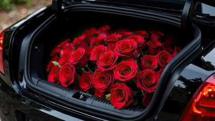 Black luxury car with trunk full red roses.