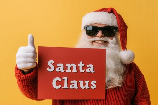 A lively and charming bad Santa, looking nice and cheerful, holding a red board with a horn symbol, ready to party hard, on a vibrant yellow background