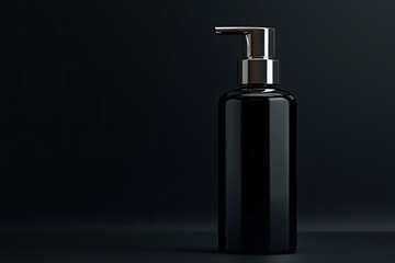 Naklejka premium Sophisticated Spray Bottle Designs. A sleek black bottle with a pump sits against a dark background, exuding a modern and minimalist aesthetic.