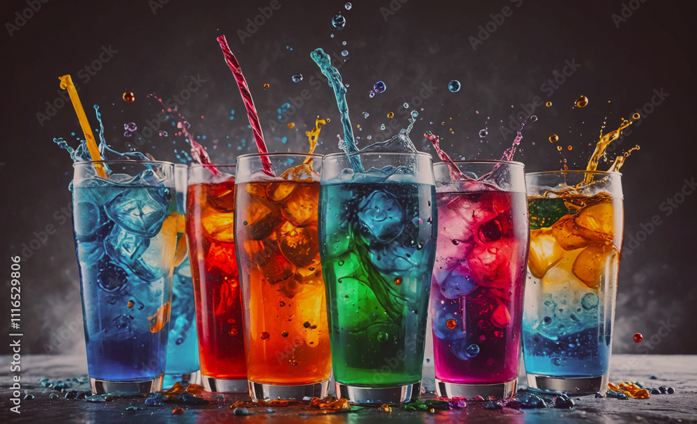 Poster row of colorful drinks with straws in them. the drinks are in glasses and are of different colors