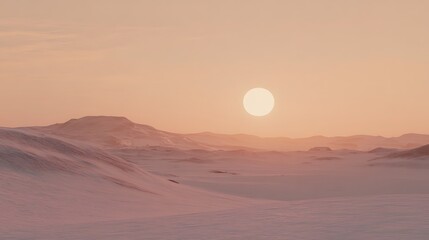Fototapeta premium A large sun sets behind a barren, snow-covered landscape.