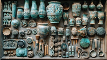 Table setup with ancient pottery and tools