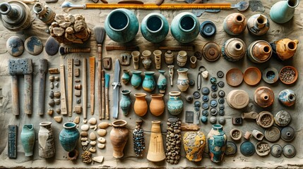 Fototapeta premium Archaeological objects and excavation tools