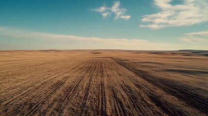 Fototapeta premium Aerial view of the horizon, an empty field with a plowed furrow