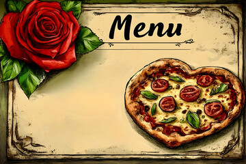 A sophisticated menu design showcases a vibrant rose and a heart-shaped dish surrounded by lush green leaves. Ideal 