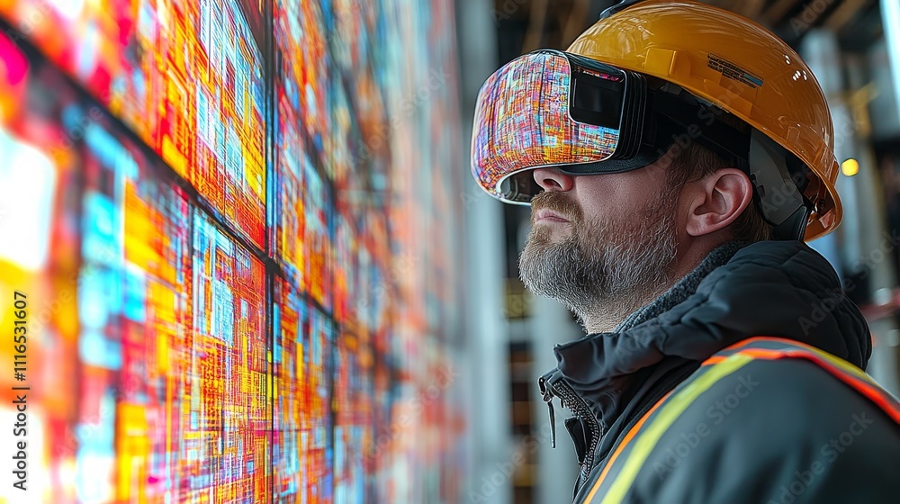 Poster construction pros using advanced tech for project visualization in a high-tech setting