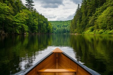 Obraz premium Serene canoe ride through lush forested river landscape with overcast sky