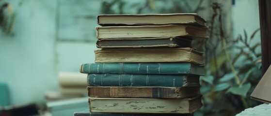 Fototapeta premium A nostalgic stack of vintage books, their pages turned by time, rests peacefully in a tranquil, muted setting.