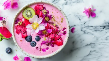 Naklejka premium Pink Dragon Fruit Smoothie Bowl with Kiwi, Flowers, and Blueberries