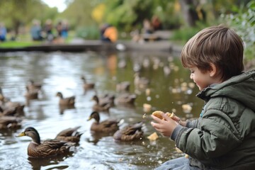 Caucasian young boy feeding ducks in a serene park lake setting