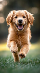 Obraz premium The joyful energy of a happy golden retriever puppy running on lush green grass, emphasizing its playful expression.